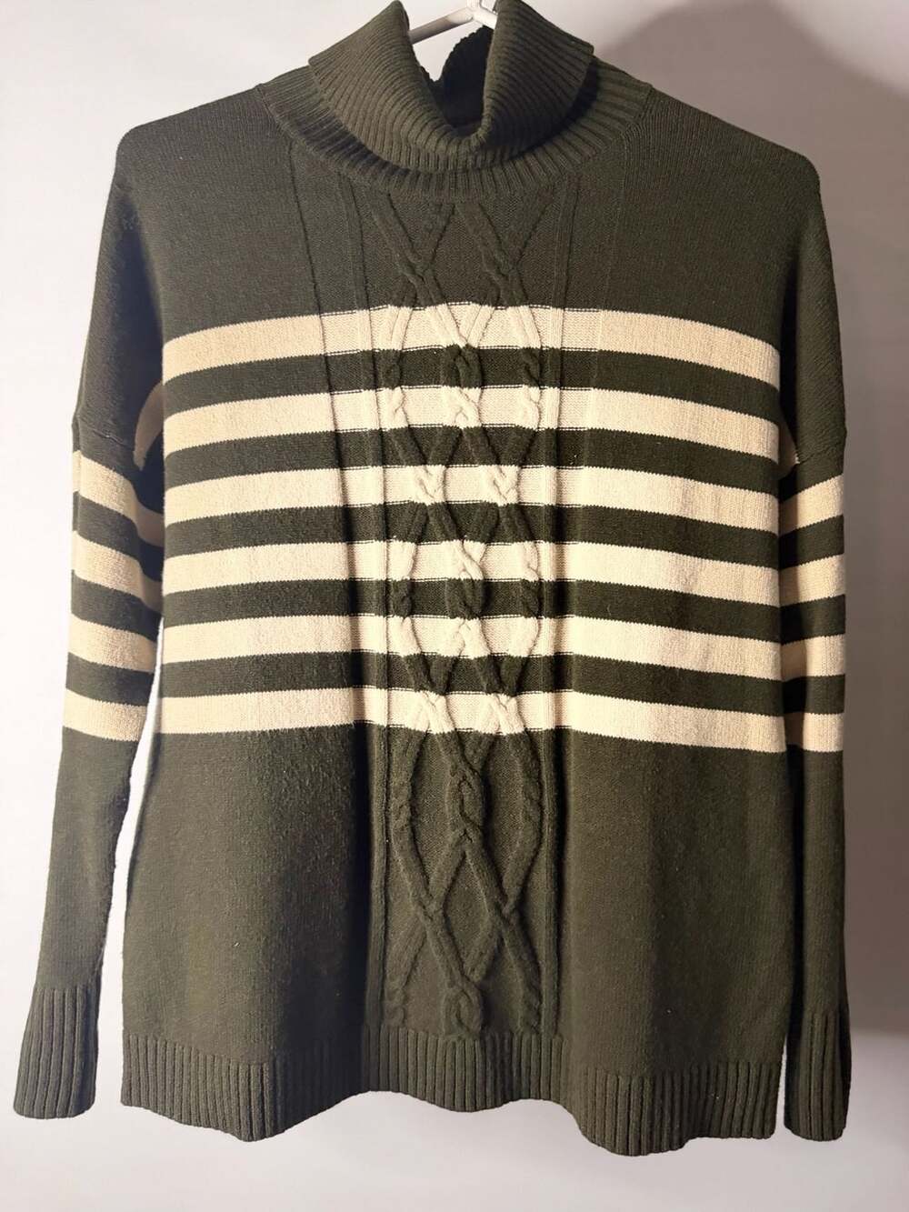 J.Jill Green and Cream Striped Cable-Textured Turtleneck Sweater XS Petite
